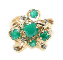 Estate 1.06 ctw Round Natural Emerald & 0.05 ctw Diamond Cluster 14KT Gold Ring