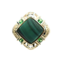 Women's 10KT Gold Square Cabochon Malachite & Round Russian Diopside Ring Size 7