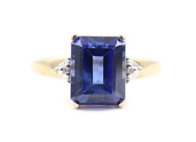 Women's Emerald Cut Synthetic Sapphire with Diamond Accents in 10KT Gold Ring