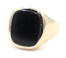 Men's Rectangle Black Onyx Inlay Plain Sides 14KT Yellow Gold Signet Ring 18.5g