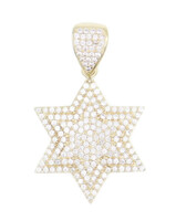 Iced 10KT Yellow Gold Round CZ Hexagram Star of David Necklace Pendant - 3.93g