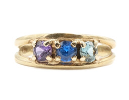 Dark Blue, Light Blue, and Purple Round CZ 10KT Yellow Gold Mother's Ring - 2.7g