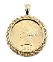 1901 Gold US $10 Dollar Liberty Head Eagle Coin 14KT Rope Gold Pendant - 20.68g