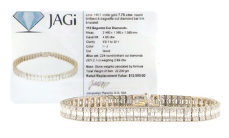 14KT White Gold 7.75 cttw Round Brilliant & Baguette Cut Diamond Tennis Bracelet