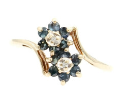 Estate Synthetic Sapphire & Diamond Double Flower Cluster 10KT Gold Bypass Ring