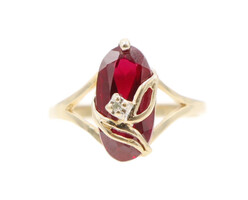 Estate 10KT Yellow Gold Lab Created Ruby & Diamond Navette Leaf Motif Ring BISON