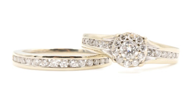 Women's 14KT White Gold Halo 0.75 Ctw Round Diamond Wedding Ring Set - 6.7g