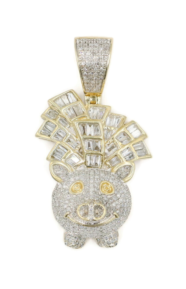 4.0 Ctw Round & Baguette Diamonds in 10KT Yellow Gold Piggy Bank Graphic Pendant USA Pawn