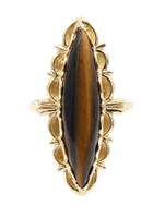 Cabochon Marquise Cut Synthetic Tiger Eye Scalloped Bezel 10KT Yellow Gold Ring