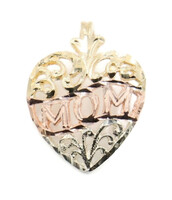 Women's Tri Color 14KT Yellow Gold Filigree "MOM" Heart Necklace Pendant - 1.27g