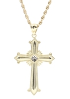 14KT Yellow Gold High Shine Cross Pendant on 25" 14KT Gold Rope Chain Necklace