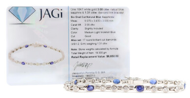 18KT White Gold 3.0 ctw Natural Blue Sapphire & 1.31 ctw Diamond Tennis Bracelet