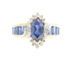 1.8 Ctw Marquise & Baguette Cut Synthetic Sapphire & Diamond Halo 10KT Gold Ring