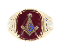 Men's Red Free Mason Synthetic Ruby 10KT Yellow Gold Ring - Size 10 - 6.36 Grams