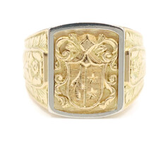 Estate 18KT Ring Vintage Solid Yellow Gold Heavy Crest Heraldic Coat Signet Ring