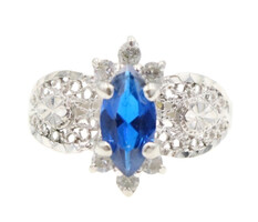 Vibrant Blue Marquise CZ and Round Clear CZ Diamond Cut Filigree 10KT Gold Ring