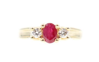 Women's 0.42 Ctw Oval Cut Ruby & Round Diamond 14KT Yellow Gold Ring Size 6 1/2