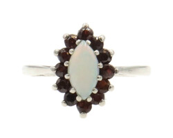 Estate 0.20 ctw Cabochon Marquise Opal with 0.40 ctw Round Garnet Halo 14KT Gold