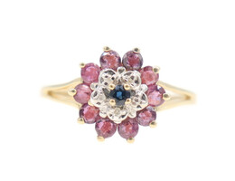 Round Synthetic Ruby, Synthetic Sapphire & Diamond 14KT Gold Flower Cluster Ring