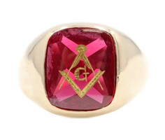 Men's 7.0 ctw Cabochon Synthetic Ruby Freemason Masonic 10KT Yellow Gold Ring 
