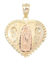 Estate Diamond-Cut 14KT Two-Tone Gold Virgin Mary Heart Necklace Pendant 1.2"