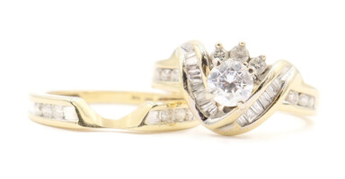 Center CZ w/ Round & Baguette Natural Diamond 14KT Yellow Gold Wedding Ring Set.
