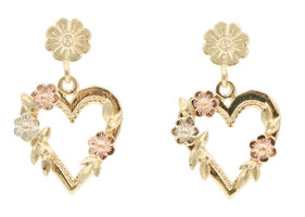 Women's 14KT Yellow and Rose Gold Flower Heart Dangle Earrings by OR - 2.80g