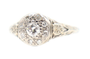 Estate 0.34 ctw Round Diamond Bezel Filigree 18KT White Gold Engagement Ring 