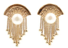 Women's Estate 14KT Yellow Gold White Cultured Pearl Fan Dangle Earrings 12.11g