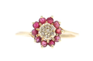 0.40 Ctw Round Synthetic Ruby & Single Cut Diamond 10KT Gold Flower Cluster Ring