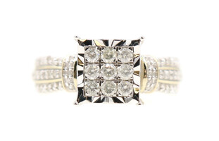Women's 10KT Yellow Gold 0.69 Ctw Round & Single Cut Diamond Square Cluster Ring
