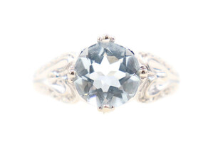 1.75 Ctw Round Aquamarine & Single Cut Diamond 14KT White Gold Heart Design Ring