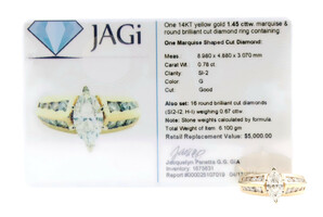 14KT Yellow Gold 1.45 ctw Marquise & Round Diamond 11.7mm Engagement Ring 6.1g. 