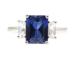 5.80 ctw Blue Lab Grown Sapphire & 0.30 ctw Baguette Sapphire & CVD Diamond Ring