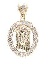 1.5" 10KT Yellow Gold Round Cubic Zirconia CZ Bezel Jesus Oval Necklace Pendant 