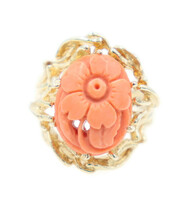 Women's 5.10 Ctw Carved Coral 14KT Yellow Gold Floral Design Ring Size 5.5 - 9g