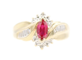 Women's 0.25 Ctw Marquise Cut Lab-Created Ruby & Natural Diamond 10KT Gold Ring