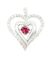 Sterling Silver Dancing Heart Cut Synthetic Ruby & Round CZ Double Heart Pendant