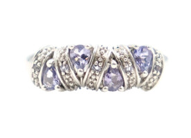 Pear-Shaped & Round Tanzanite Four Stone Ribbon Alternating Sterling Silver Ring