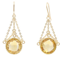 Round Cushion Cut Glass Colored Citrine 14KT Yellow Gold Dangle Earrings - 3.75g