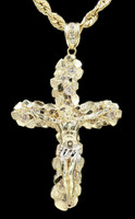 10KT Yellow Gold Round CZ Nugget Crucifix Pendant on 10KT Gold Rope Chain 29"