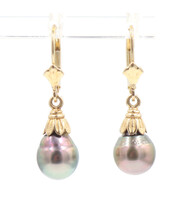 Estate 14KT Yellow Gold 8mm Black Cultured Pearl Drop Dangle Women's Earrings