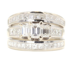 3.70 ctw Emerald and Princess Cut Diamond 14KT White Gold Wedding Ring Set 12g