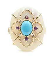 Cabochon Mother of Pearl, Turquoise, Amethyst, and Diamond 14KT Yellow Gold Ring