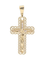 10KT Yellow Gold Round CZ Crucifix Cross Necklace Pendant 38.3mm - 1.04g