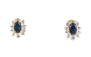 Estate Oval Blue Sapphire Stud Earrings 0.02 ctw Round Diamond 10KT Yellow Gold 