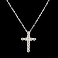 0.20 ctw Round Diamond Cross Necklace Pendant on 18" 14KT White Gold Chain 1.4g