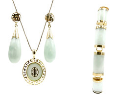 Cabochon Jadeite 14KT Earrings, 10KT Yellow Gold Necklace, & 10KT Bracelet Set