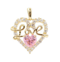 10KT Yellow Gold Heart Cut Pink CZ & Round CZ "Love" Heart Necklace Pendant 2g