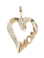 Estate 0.02 Ctw Round Diamond 10KT Yellow Gold Open Heart "Mom" Pendant 0.8"